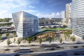 L’audacieuse silhouette de la tour dédiée aux bureaux est séparée de la tour résidentielle par un centre commercial qui sera inauguré le 12 décembre prochain. ((Visuel: Immobel))