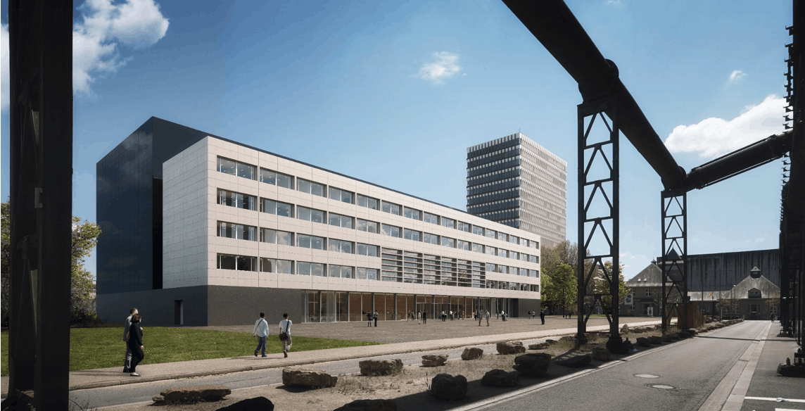 Le bâtiment des Archives se compose de trois blocs rassemblés sur un socle commun. (Illustration : Paul Bretz Architectes)