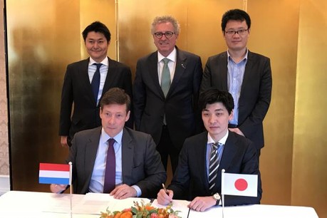 Nao Kitazawa, Board Director of the Fintech Association of Japan, H.E. Pierre Gramegna, Minister of Finance, Shirabe Ogino, Board Director of the Fintech Association of Japan, Nicolas Mackel, CEO of Luxembourg for Finance and Hiroki Maruyama, Chairman of the Board of the Fintech Association of Japan. (Photo: Lhoft)