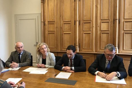 De gauche à droite: Patrick Guiné, directeur territorial Pôle emploi Moselle; Isabelle schlesser, directrice de l’Adem; Dan Biancalana, bourgmestre de la Ville de Dudelange et Nicolas Schmit, ministre du Travail, de l’Emploi et de l’Économie sociale et solidaire (Photo: Adem)