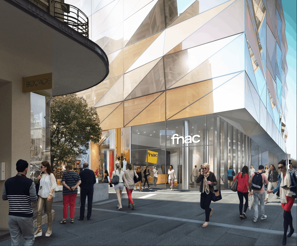 L’entrée de la Fnac se situe au coin des deux axes piétonniers commerciaux, la Grand-Rue et la rue Aldringen. (Illustration: Foster+Partners, Tetra Kayser)