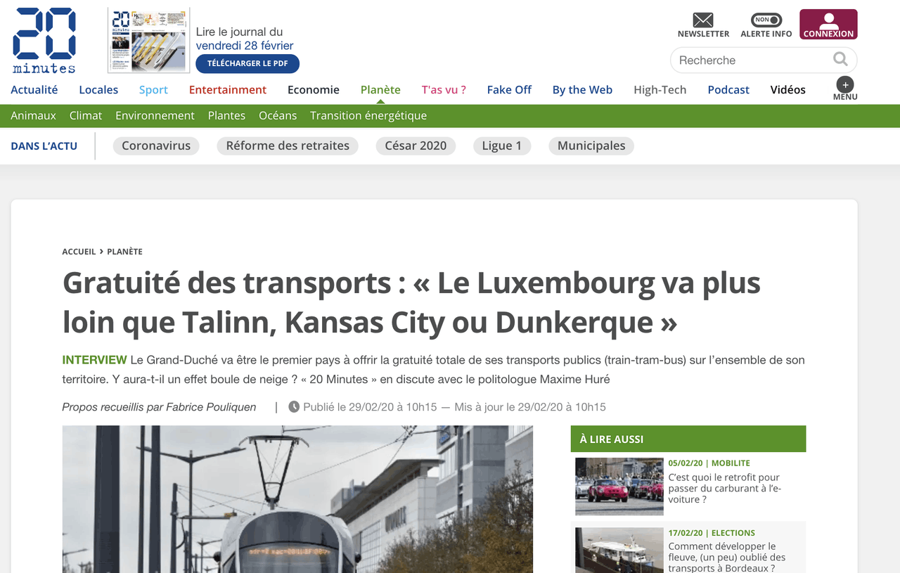 20 Minutes a interviewé pour l’occasion Maxime Huré, politologue et président du comité scientifique de l’Observatoire des villes du transport gratuit. (Photo: 20 Minutes / Capture d'écran)