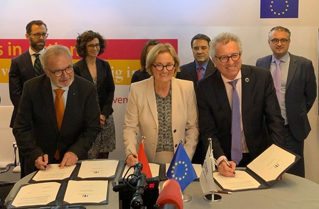 Werner Hoyer, président de la BEI, Paulette Lenert, ministre de la Coopération et de l’Action humanitaire, et Pierre Gramegna, ministre des Finances, lors de la conférence des donateurs de la BEI le 12 novembre. (Photo: Ministère des Finances/Twitter)