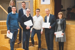 Sylvie Remont (Banque de Luxembourg), Etienne Velasti (Maison Moderne), Yvan Barnabaux (Innov'ICTion), Olivier Deboeck (Axiome Services), Julien Delpy (Maison Moderne), Hansjörg Reimer et Patrizia Ascani (Chem) ((Photo: Arthur Ranzy))